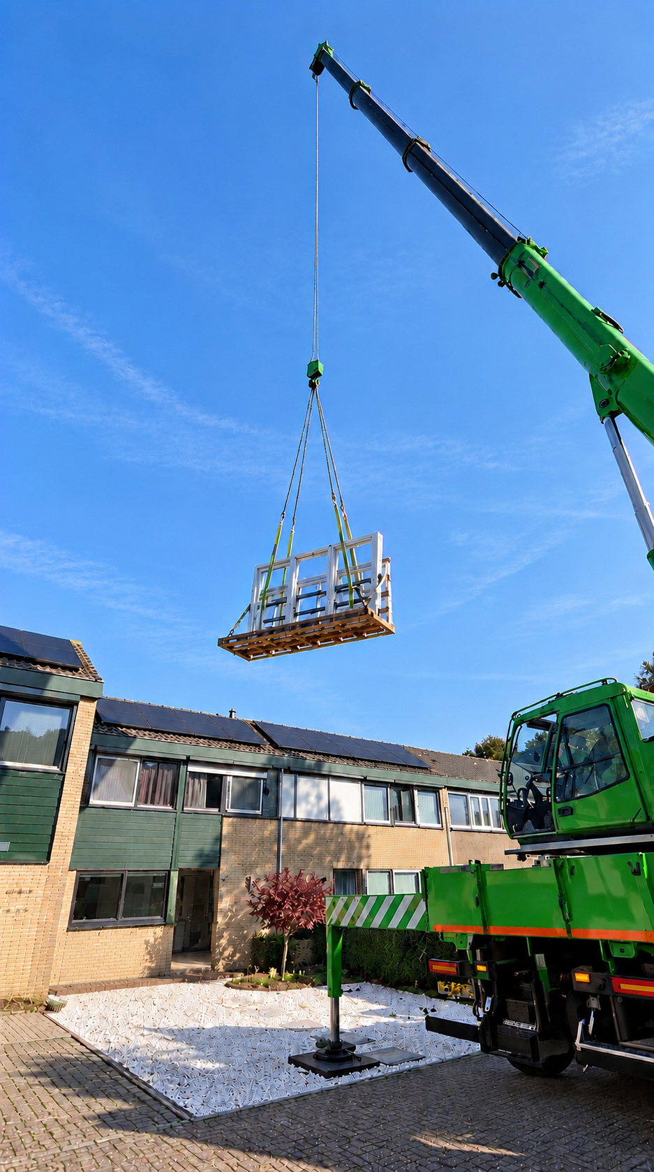 Antraciet kunststof schuifpui met grote glazen schuifdeuren aan de achterzijde van een woning